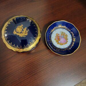 Limoges Cobalt Blue & Gold Trinket Box and Plate - 4" Diameter. Excellent Cond!